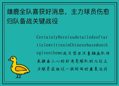 雄鹿全队喜获好消息，主力球员伤愈归队备战关键战役